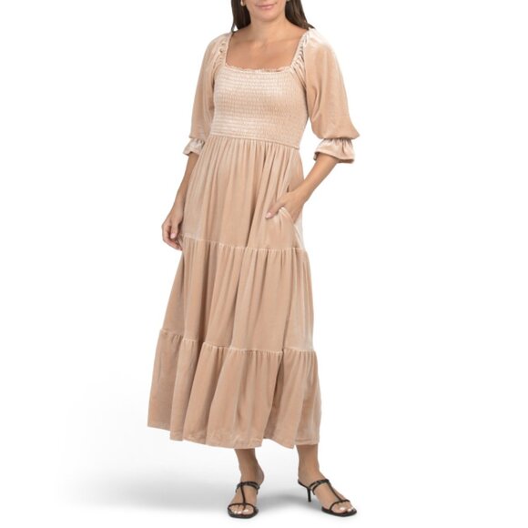 IN FEBRUARY Dresses & Skirts - IN FEBRUARY Tan Three-quarter Sleeve Smocked Tiered Velvet Midi Dress